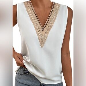 SHEIN size MEDIUM White and Tan V-Neck, sleeveless Blouse.